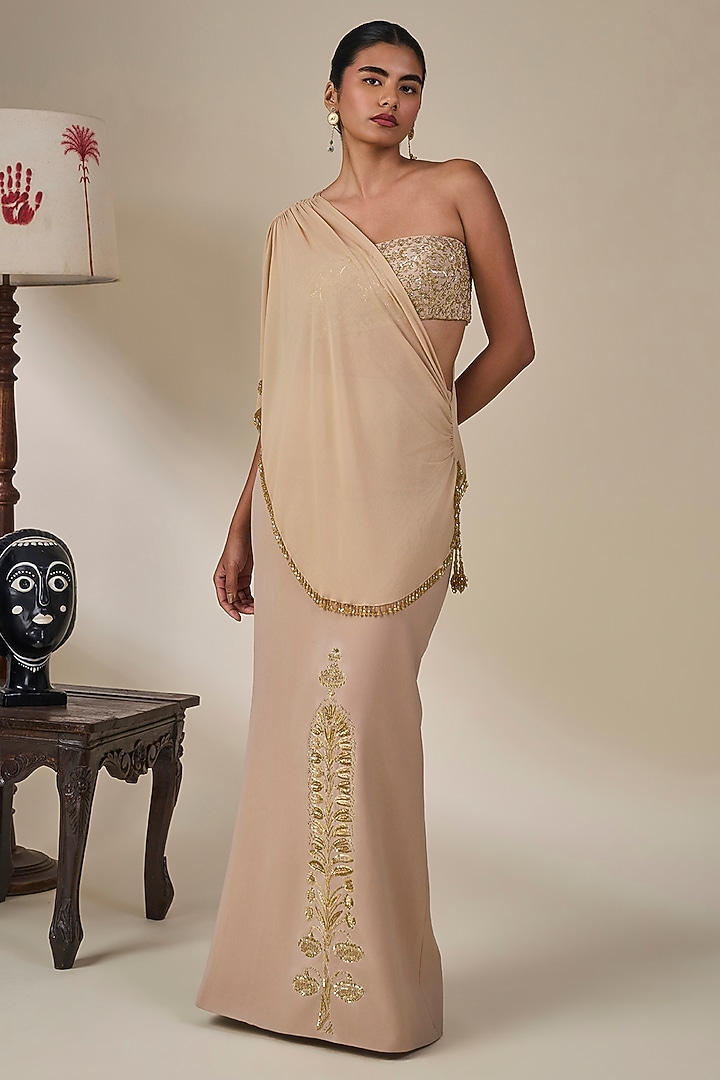 Beige Heavy Crepe Draped Skirt Set by Masaba at Pernia's Pop Up Shop
