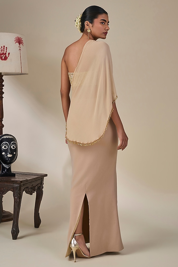 Beige Heavy Crepe Draped Skirt Set by Masaba at Pernia's Pop Up Shop