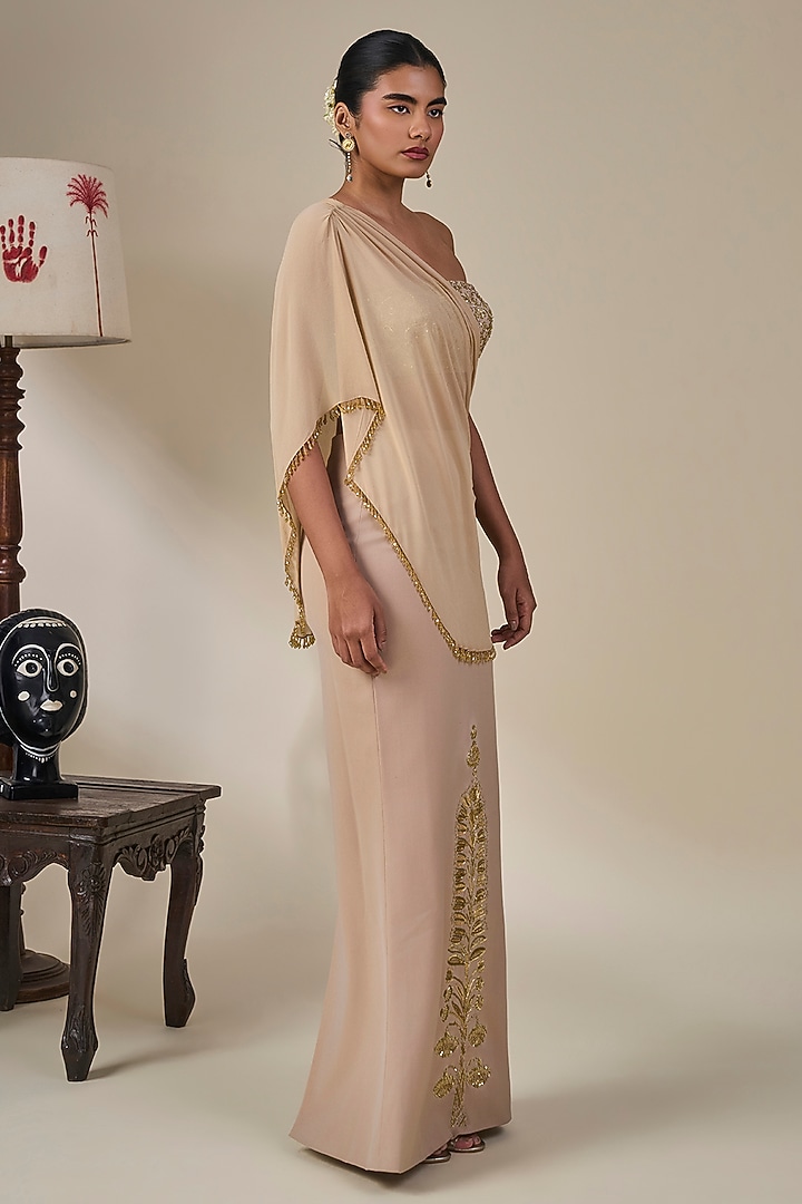 Beige Heavy Crepe Draped Skirt Set by Masaba at Pernia's Pop Up Shop