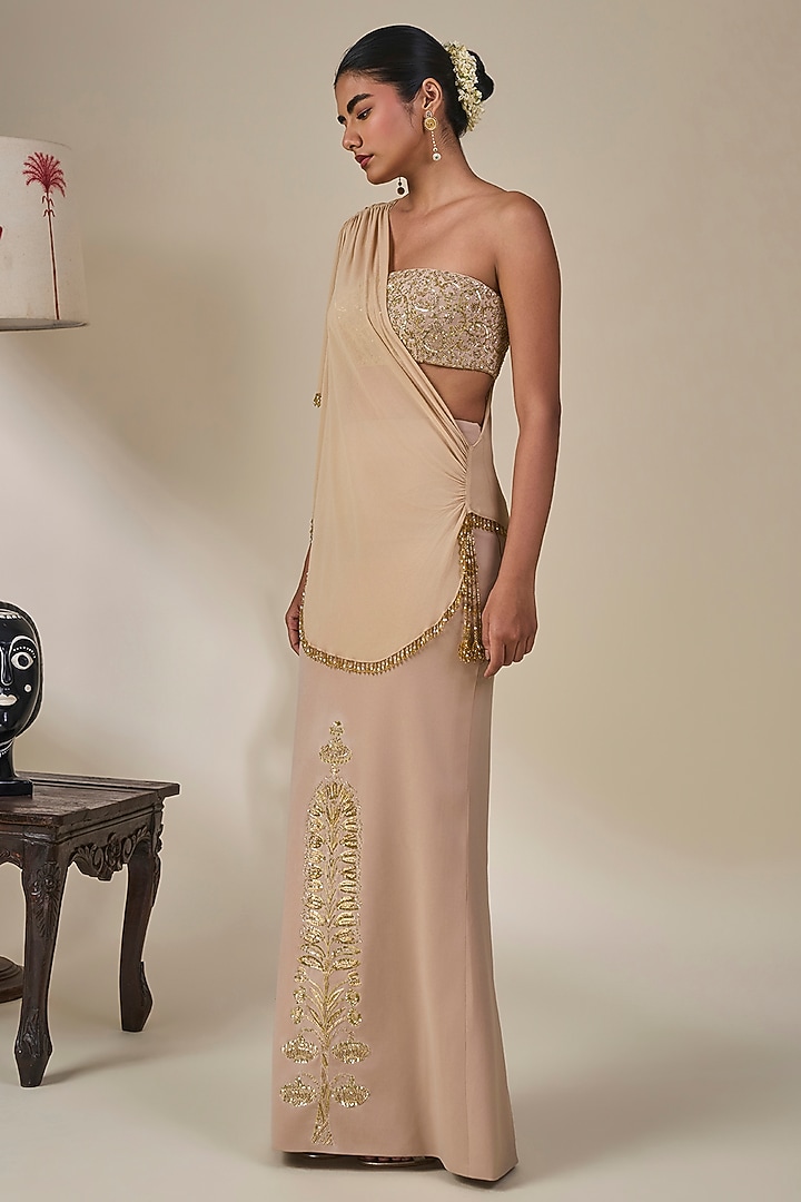 Beige Heavy Crepe Draped Skirt Set by Masaba at Pernia's Pop Up Shop