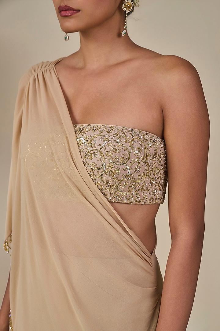 Beige Heavy Crepe Draped Skirt Set by Masaba at Pernia's Pop Up Shop