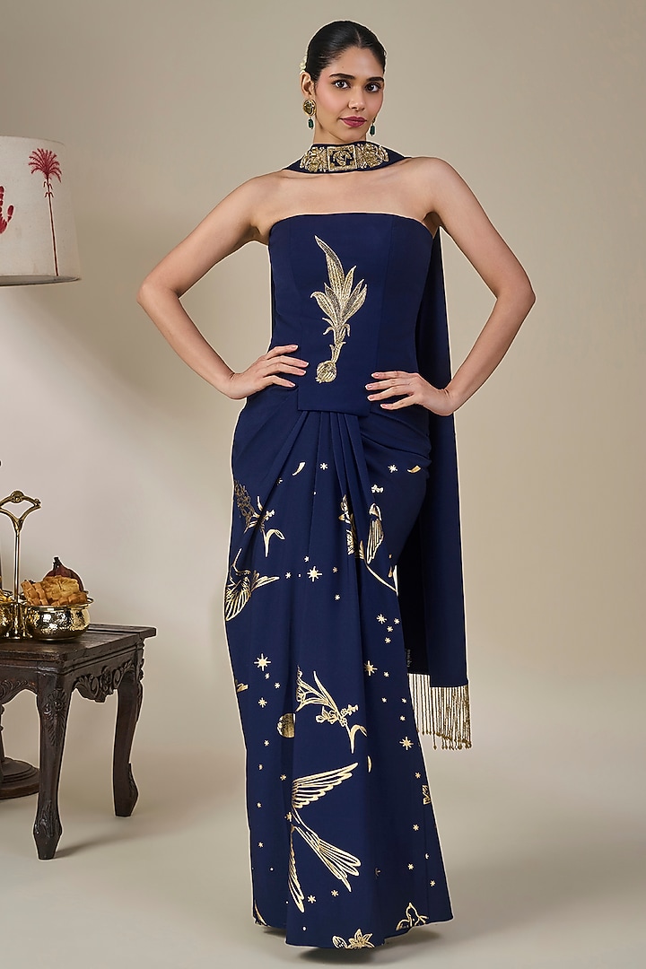 Blue Crepe Silk Gold Motif Embroidered Draped Skirt Set by Masaba at Pernia's Pop Up Shop