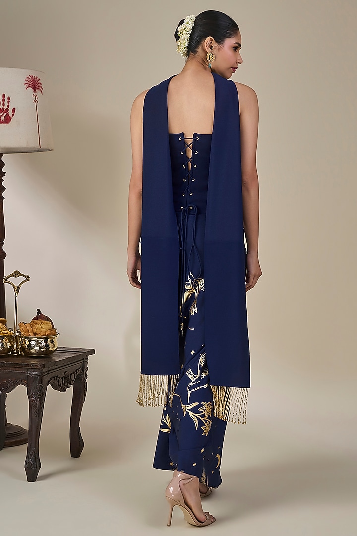Blue Crepe Silk Gold Motif Embroidered Draped Skirt Set by Masaba at Pernia's Pop Up Shop