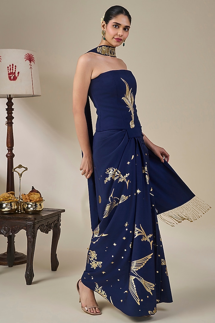 Blue Crepe Silk Gold Motif Embroidered Draped Skirt Set by Masaba at Pernia's Pop Up Shop