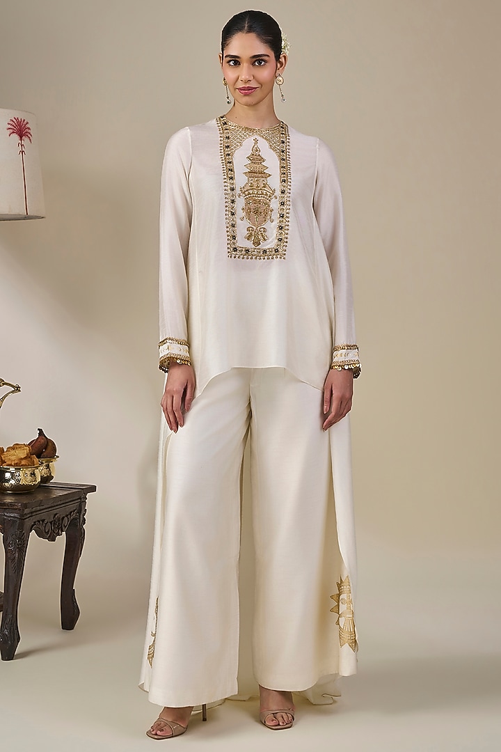 Ivory Viscose Slub Sequins Embroidered Asymmetrical Kurta Set by Masaba at Pernia's Pop Up Shop