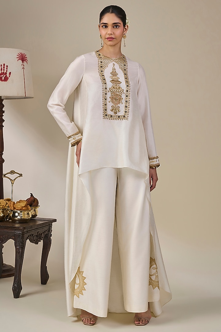 Ivory Viscose Slub Sequins Embroidered Asymmetrical Kurta Set by Masaba at Pernia's Pop Up Shop