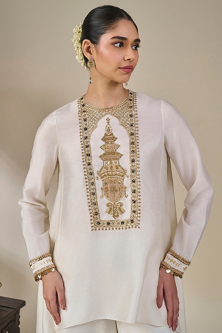 Ivory Viscose Slub Sequins Embroidered Asymmetrical Kurta Set by Masaba at Pernia's Pop Up Shop