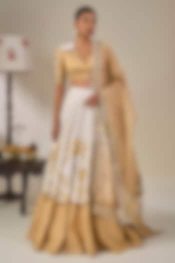 Ivory & Gold Tissue Silk Postcard Printed Wedding Lehenga Set by Masaba at Pernia's Pop Up Shop