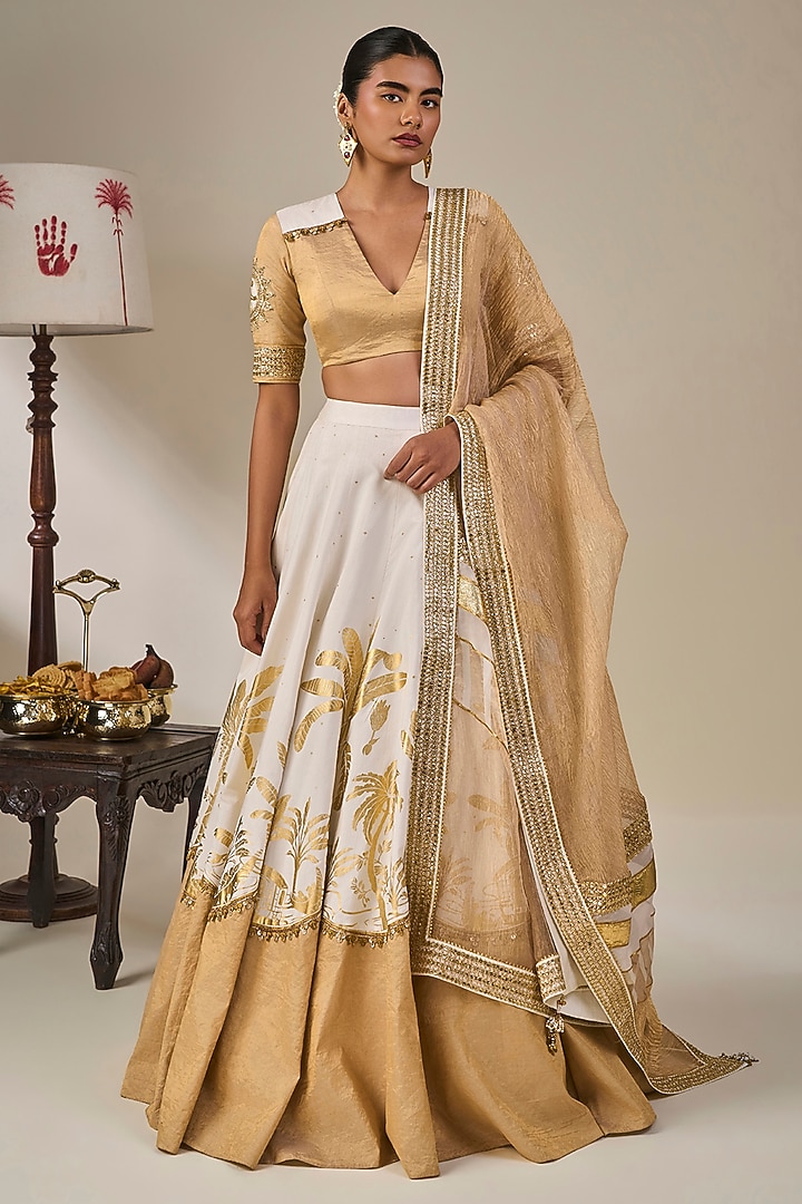 Ivory & Gold Tissue Silk Postcard Printed Wedding Lehenga Set by Masaba at Pernia's Pop Up Shop