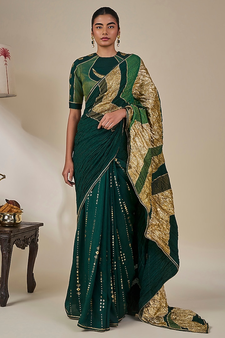 Bottle Green Viscose Slub Crushed Wedding Saree Set by Masaba at Pernia's Pop Up Shop