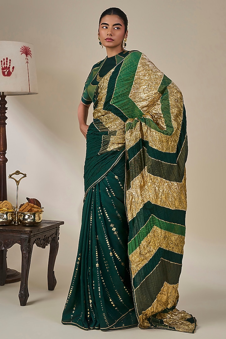 Bottle Green Viscose Slub Crushed Wedding Saree Set by Masaba at Pernia's Pop Up Shop