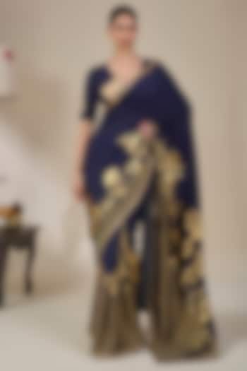 Navy Blue Striped Tissue Silk Half-N-Half Wedding Saree Set by Masaba at Pernia's Pop Up Shop