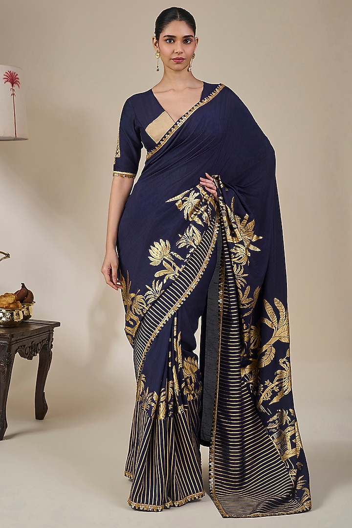 Navy Blue Striped Tissue Silk Half-N-Half Wedding Saree Set by Masaba at Pernia's Pop Up Shop