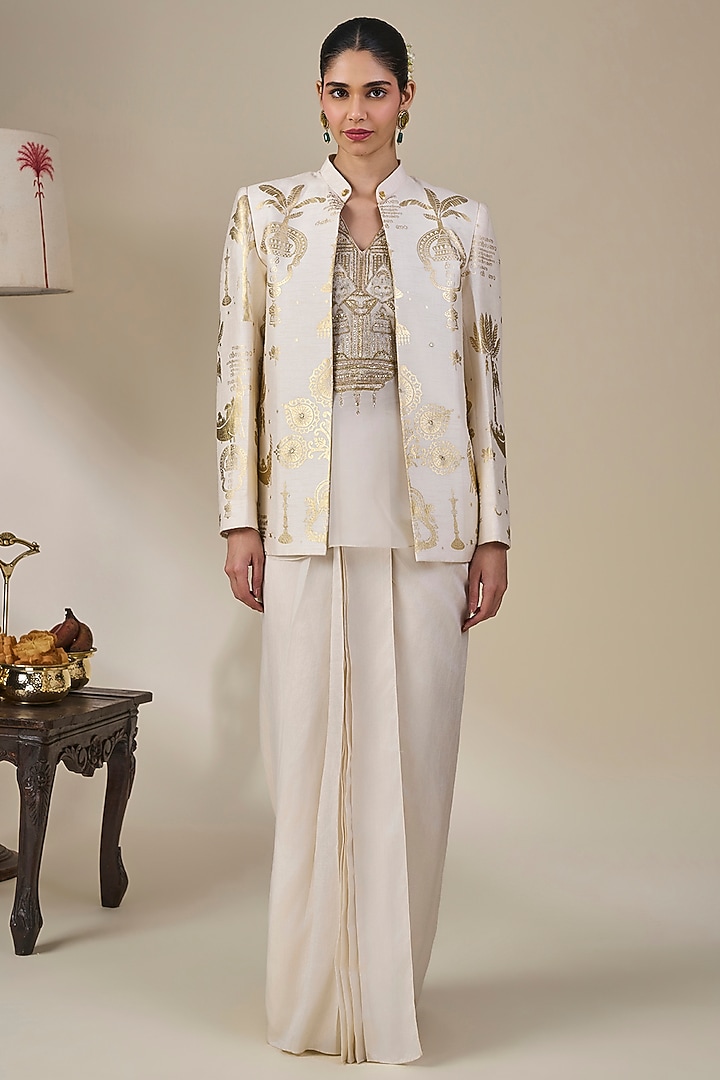 Ivory Viscose Slub Embellished Pleated Skirt Set by Masaba at Pernia's Pop Up Shop