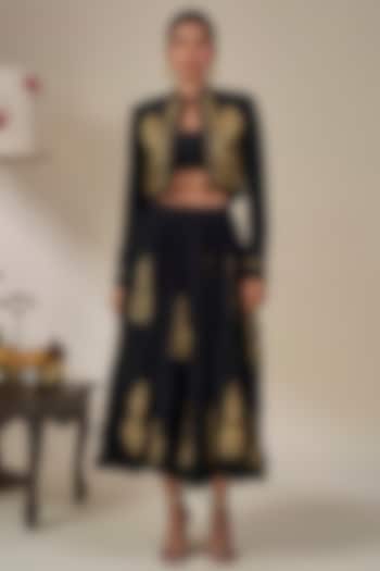 Black Heavy Crepe Silk Foil Motif Jacket Set by Masaba at Pernia's Pop Up Shop