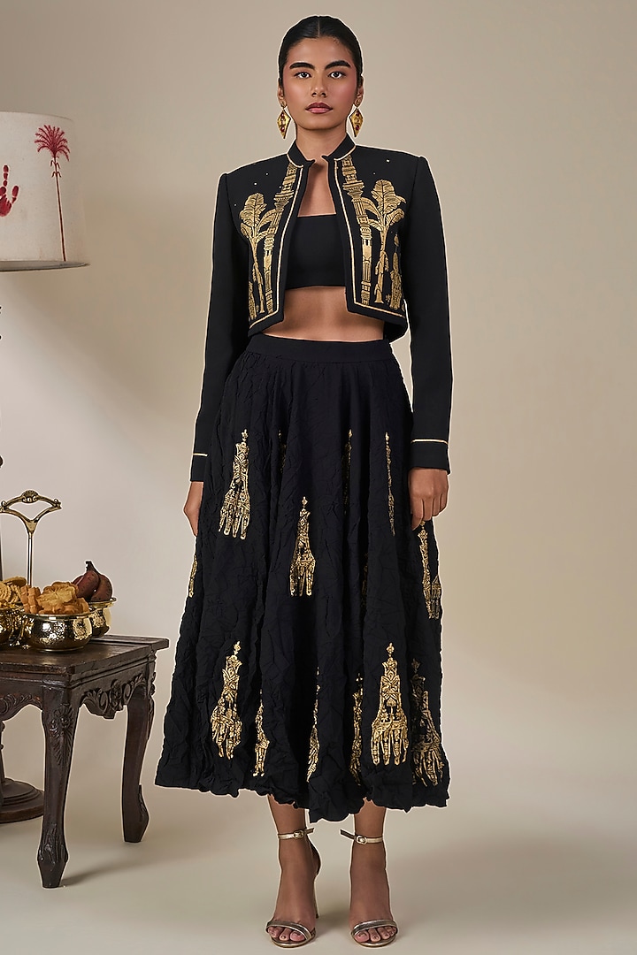 Black Heavy Crepe Silk Foil Motif Jacket Set by Masaba at Pernia's Pop Up Shop