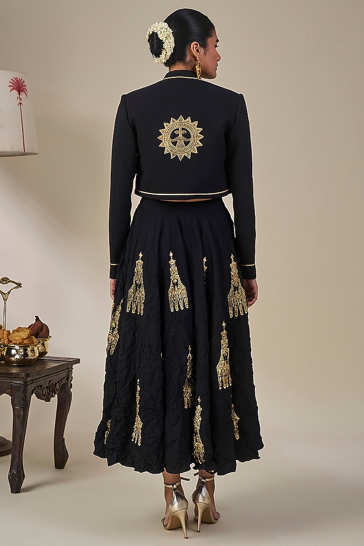 Black Heavy Crepe Silk Foil Motif Jacket Set by Masaba at Pernia's Pop Up Shop