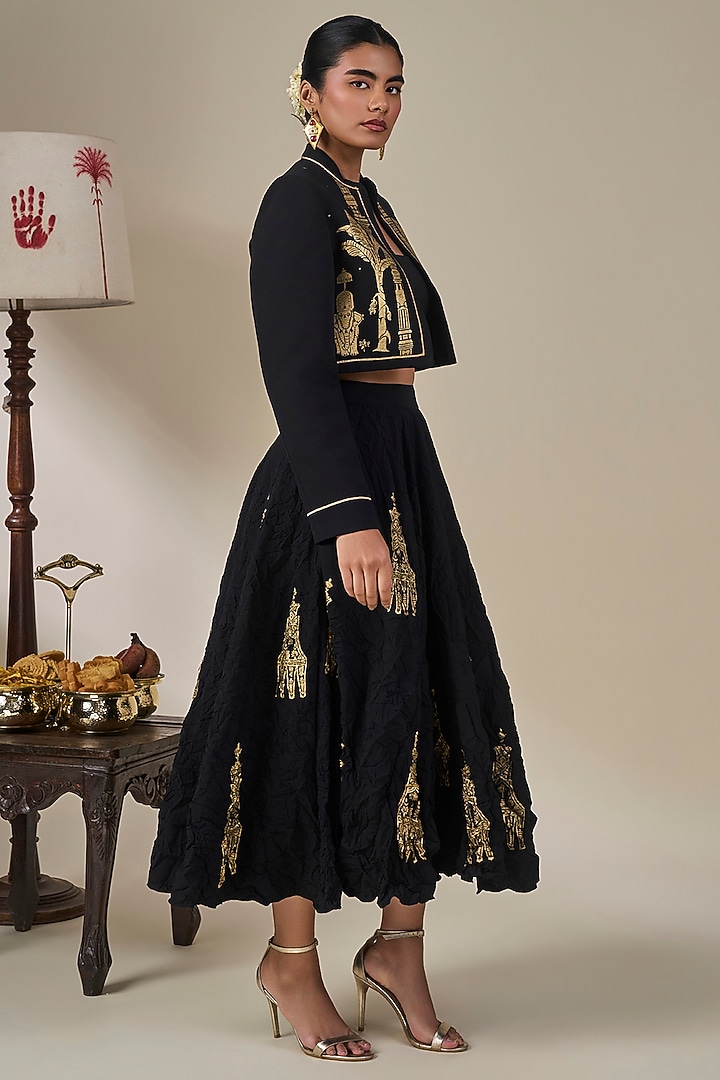 Black Heavy Crepe Silk Foil Motif Jacket Set by Masaba at Pernia's Pop Up Shop