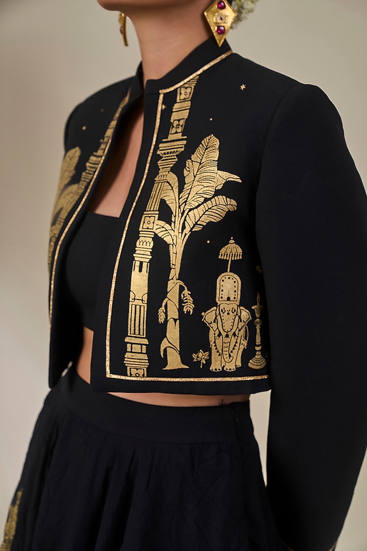 Black Heavy Crepe Silk Foil Motif Jacket Set by Masaba at Pernia's Pop Up Shop