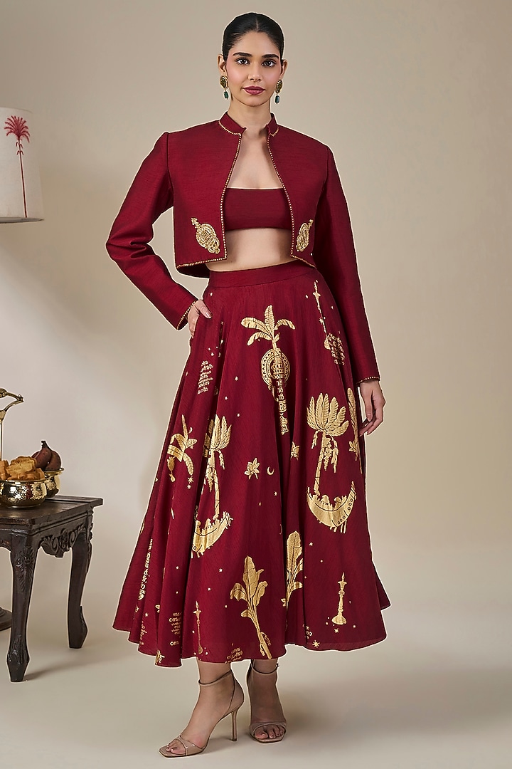 Maroon Viscose Slub Skirt Set by Masaba at Pernia's Pop Up Shop