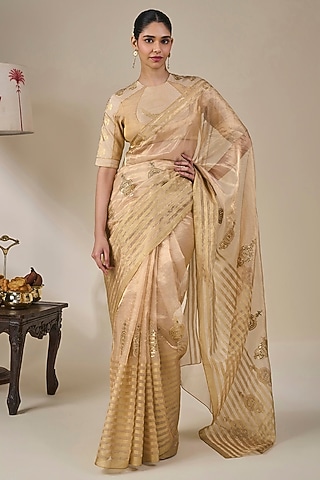 Gold Tissue Silk Foil Printed & Embroidered Saree Set by masaba