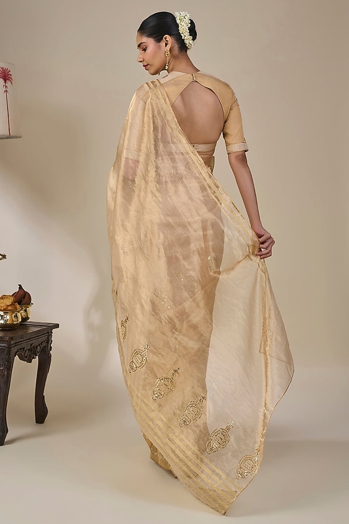 Gold Tissue Silk Foil Printed & Embroidered Wedding Saree Set by Masaba at Pernia's Pop Up Shop