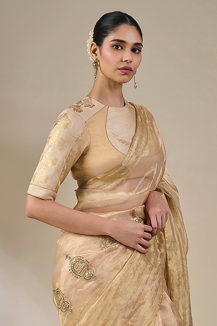 Gold Tissue Silk Foil Printed & Embroidered Wedding Saree Set by Masaba at Pernia's Pop Up Shop