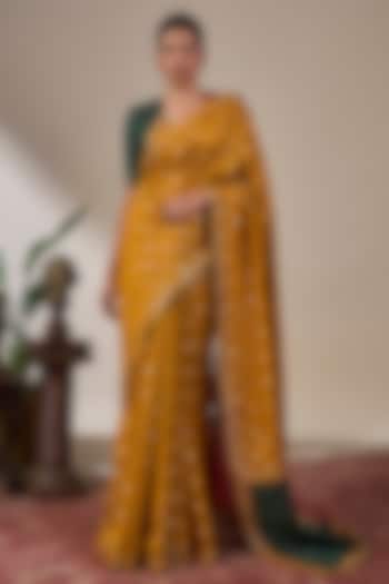 Yellow Viscose Slub Foil Printed & Patch Work Wedding Saree Set by Masaba at Pernia's Pop Up Shop