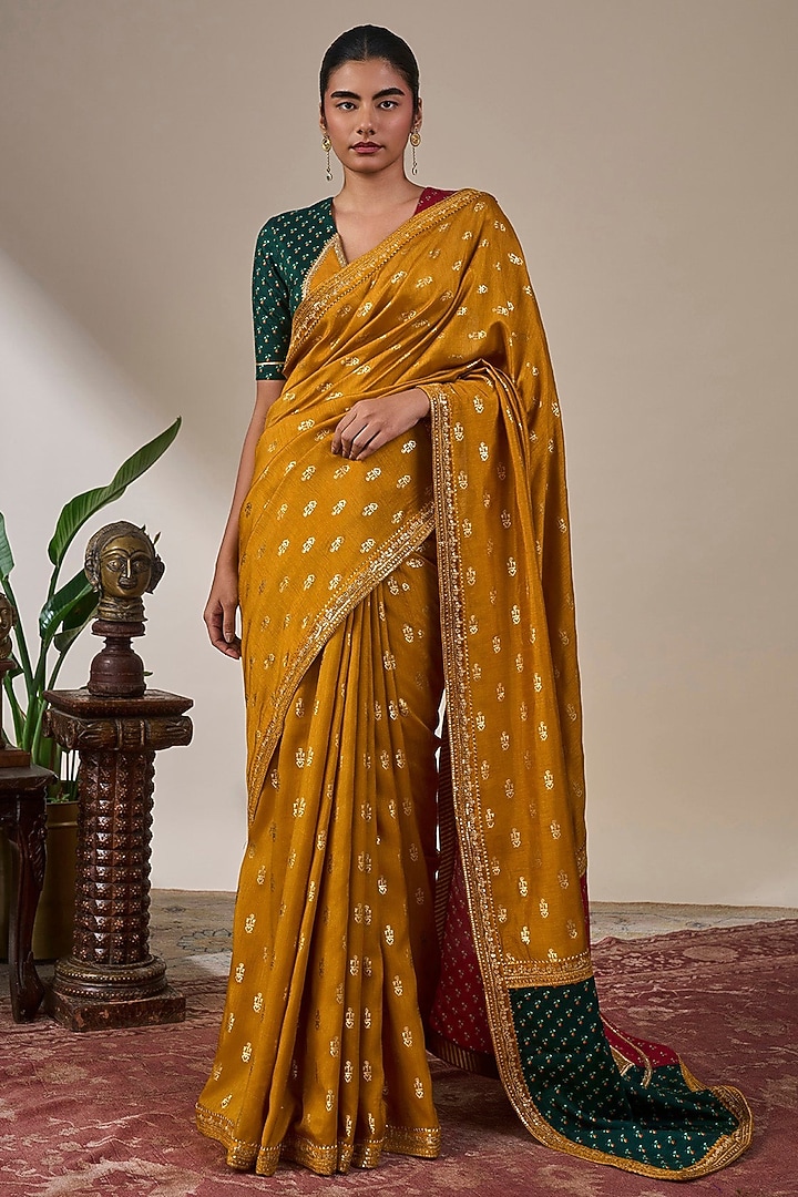 Yellow Viscose Slub Foil Printed & Patch Work Wedding Saree Set by Masaba at Pernia's Pop Up Shop