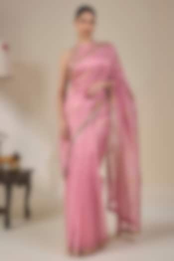 Salmon Pink Tissue Silk Sequin Embroidered & Printed Wedding Saree Set by Masaba at Pernia's Pop Up Shop