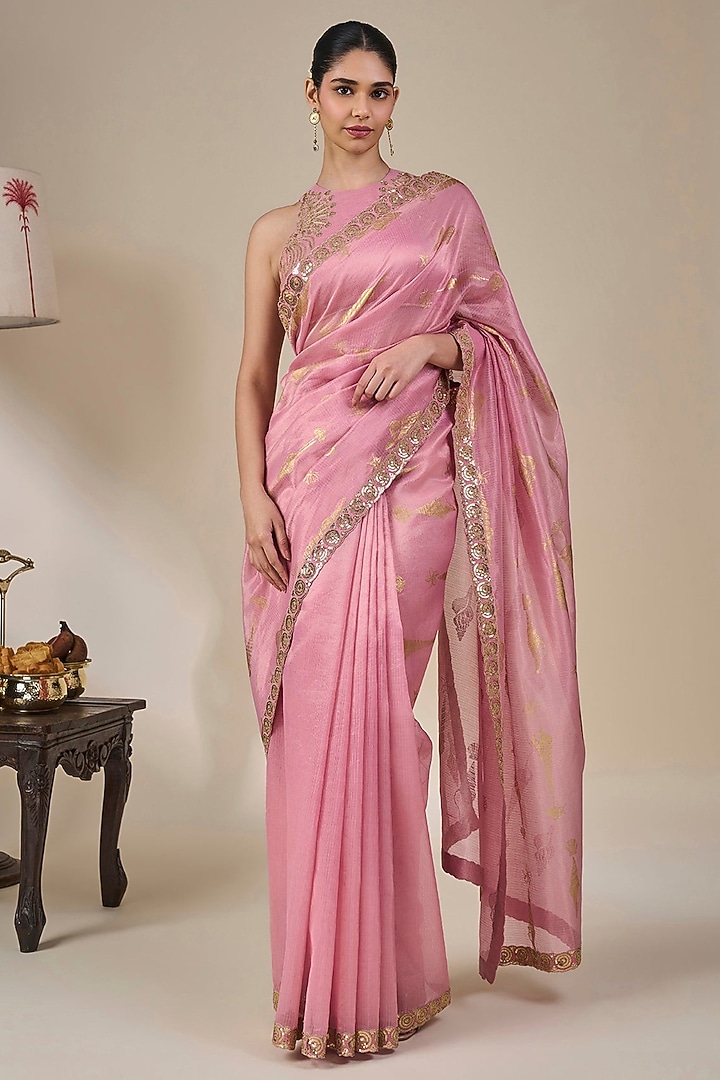 Salmon Pink Tissue Silk Sequin Embroidered & Printed Wedding Saree Set by Masaba at Pernia's Pop Up Shop