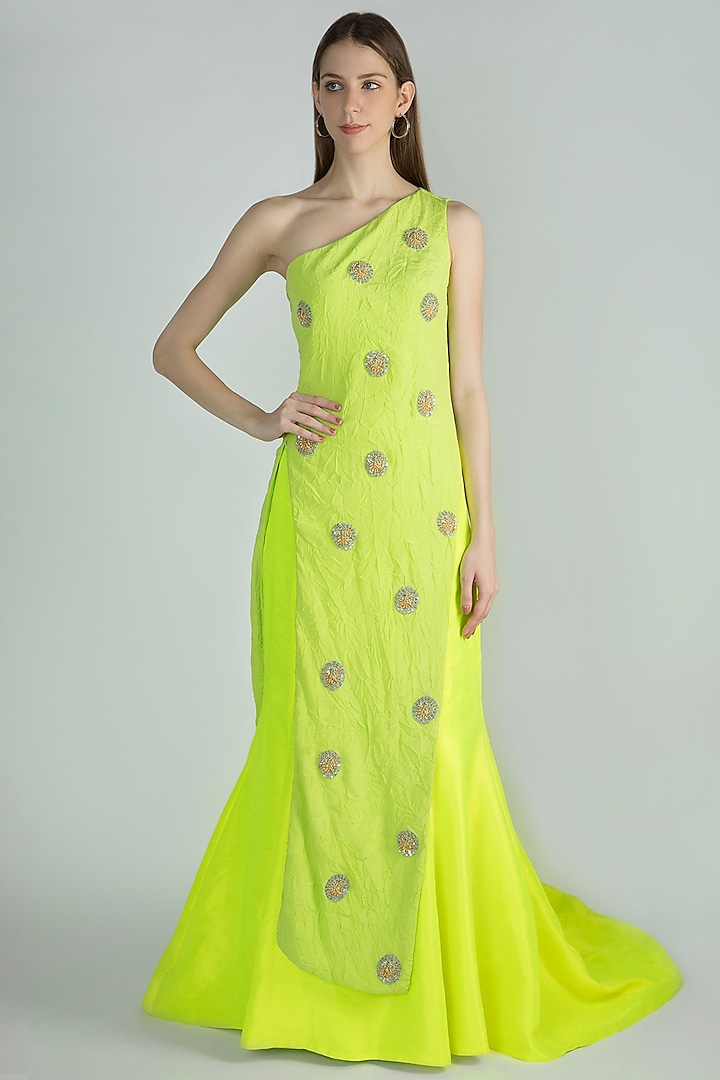 Parrot Green Embroidered Top With Lehenga Skirt by Masaba