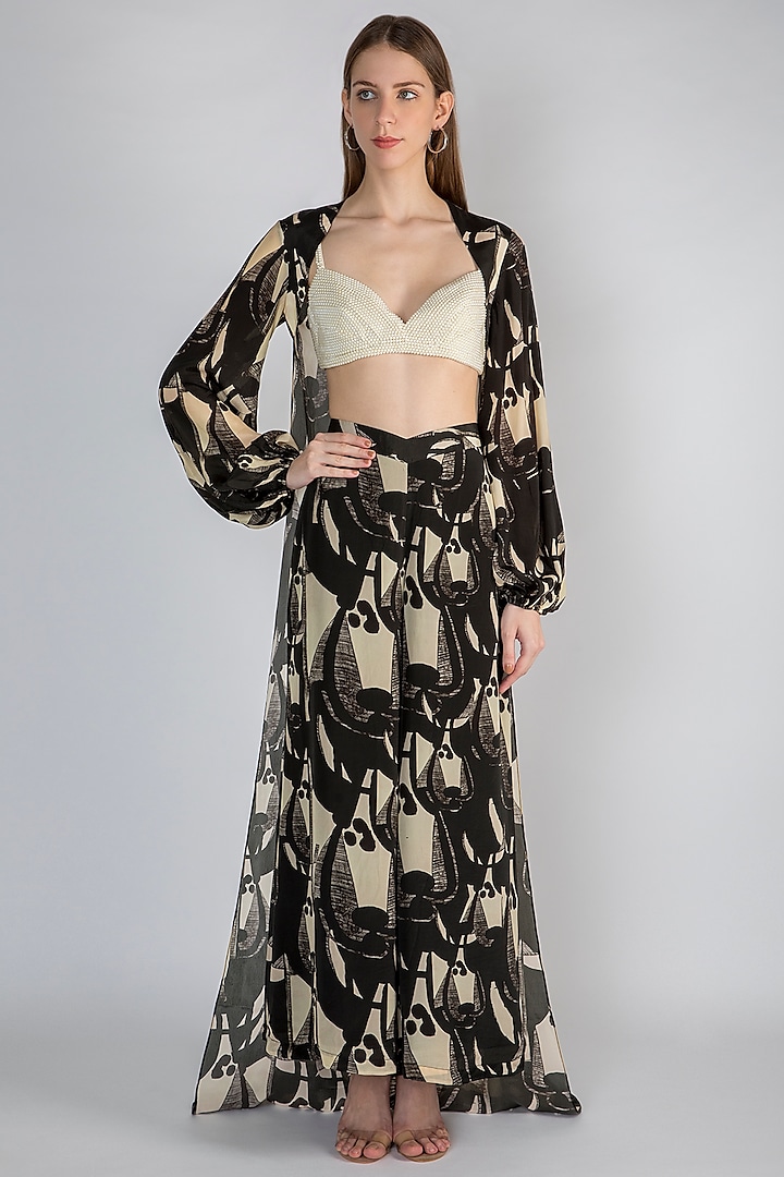 Black Printed Cape With Palazzo Pants & Ivory Embellished Bustier by Masaba