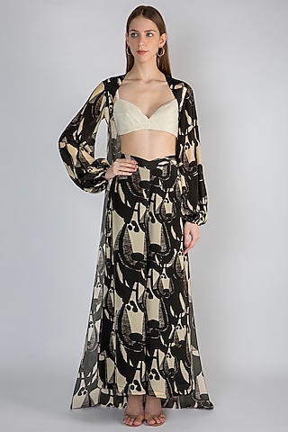 Black Printed Cape With Palazzo Pants & Ivory Embellished Bustier by Masaba