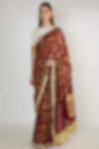 Maroon Embellishments Printed Saree Set by Masaba