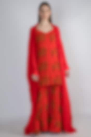 Red Digital Printed Tunic With Sharara Pants & Cape by Masaba