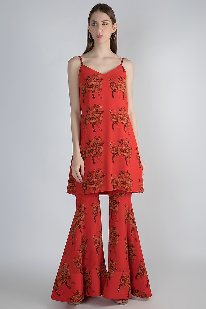 Red Digital Printed Tunic With Sharara Pants by Masaba