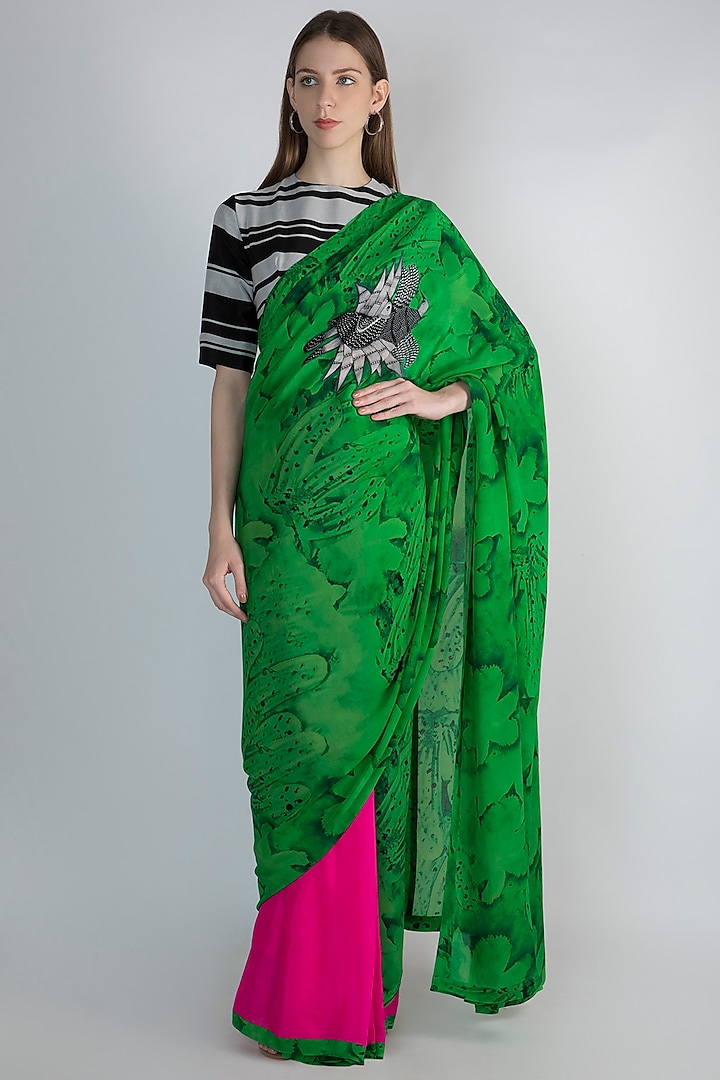 Green & Pink Digital Printed Saree Set by Masaba