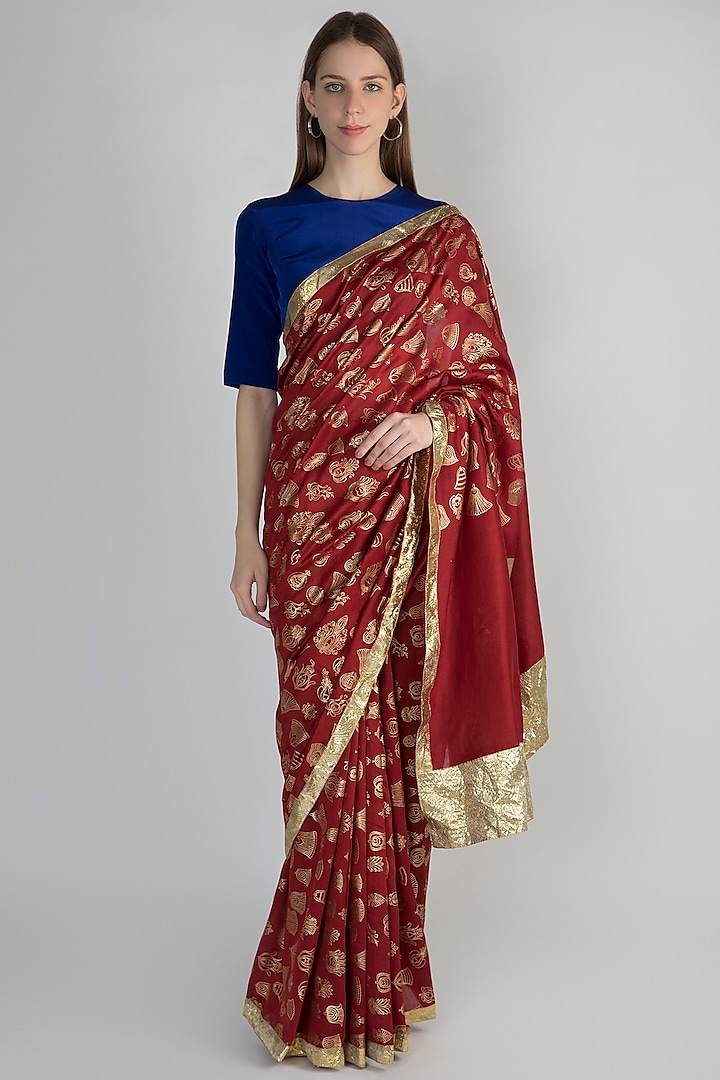 Maroon & Blue Gulshan Printed Saree Set by Masaba