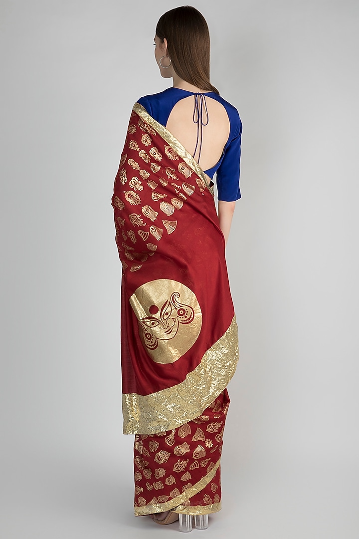 Maroon & Blue Gulshan Printed Party Wear Saree Set by Masaba at Pernia's Pop Up Shop