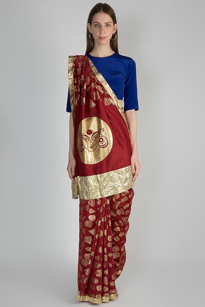 Maroon & Blue Gulshan Printed Party Wear Saree Set by Masaba at Pernia's Pop Up Shop