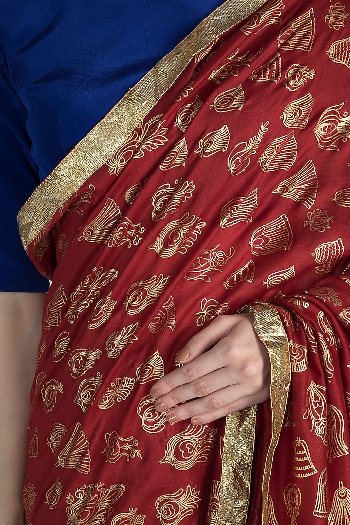 Maroon & Blue Gulshan Printed Party Wear Saree Set by Masaba at Pernia's Pop Up Shop