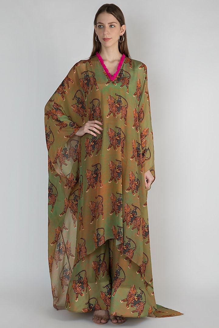 Dark Beige & Mint Green Printed Kaftan With Sharara Pants by Masaba