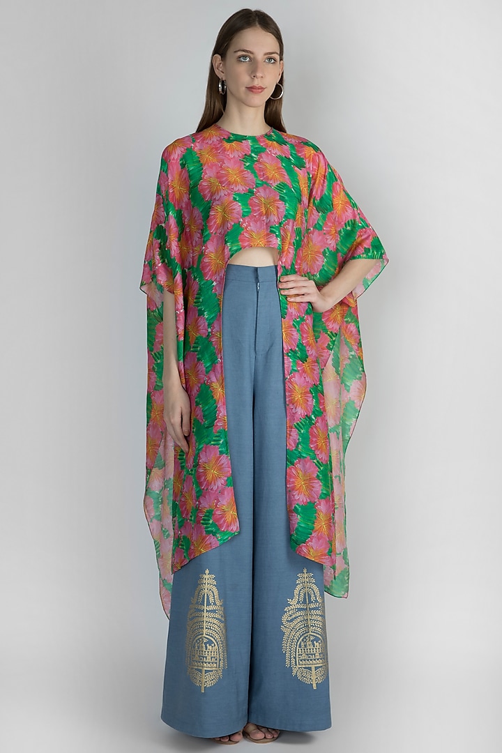 Pink & Green Printed Crop Top With Palazzo Pants & Bustier by Masaba