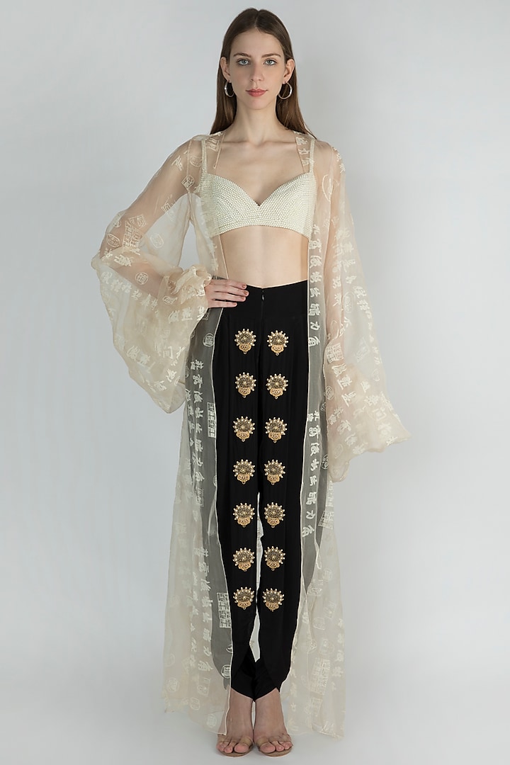 Ivory Printed Cape With Embellished Dhoti Pant & Bustier by Masaba
