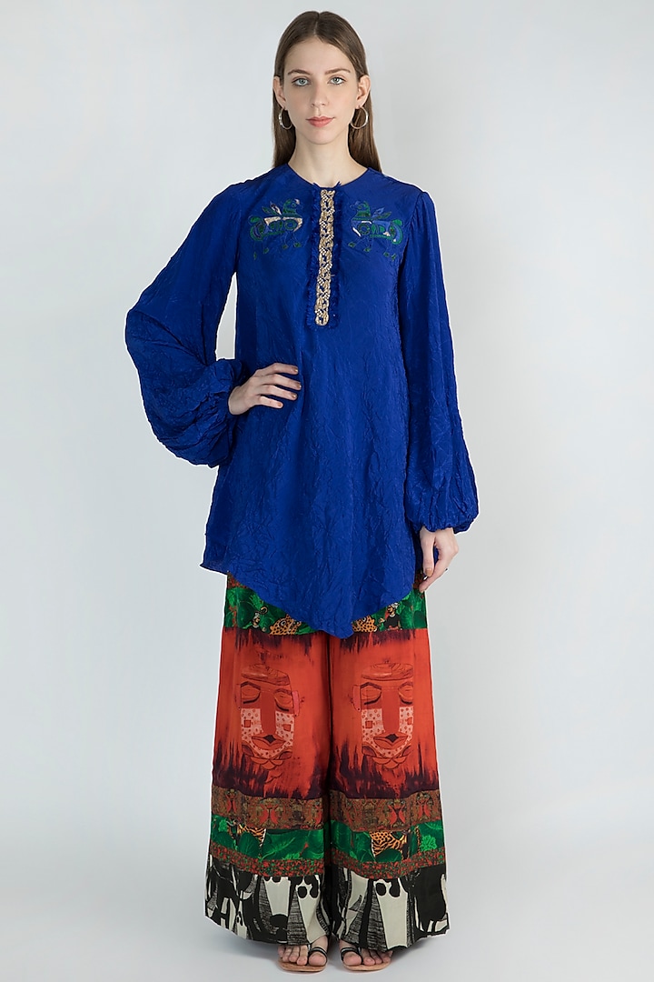 Blue Embroidered Kurta With Printed Pants by Masaba