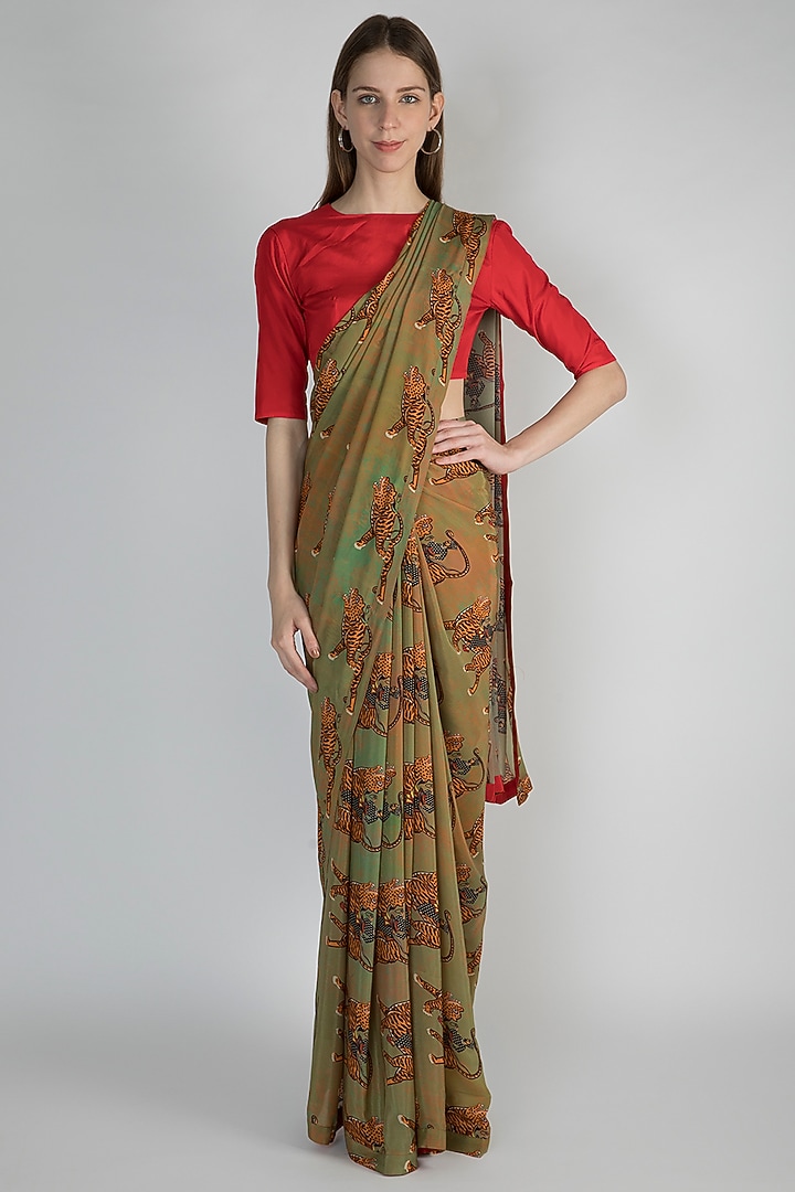 Dark Beige & Mint Green Printed Party Wear Saree Set by Masaba at Pernia's Pop Up Shop