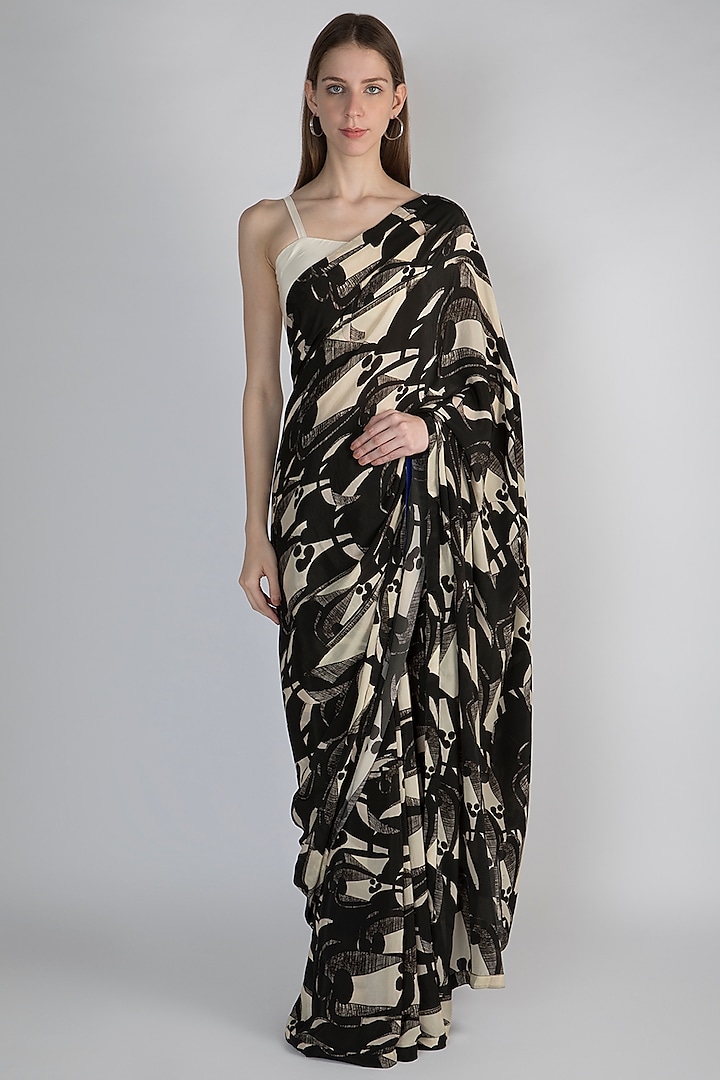 Black & Ivory Digital Printed Saree Set by Masaba