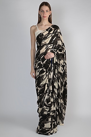 Black & Ivory Digital Printed Saree Set by Masaba