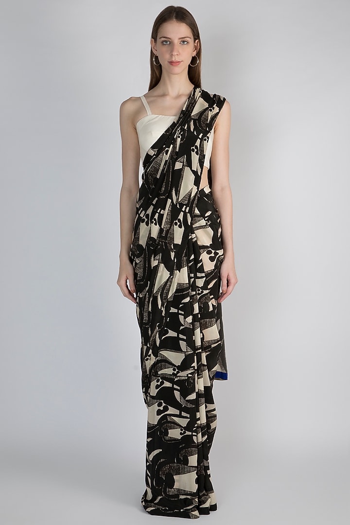Black & Ivory Digital Printed Party Wear Saree Set by Masaba at Pernia's Pop Up Shop